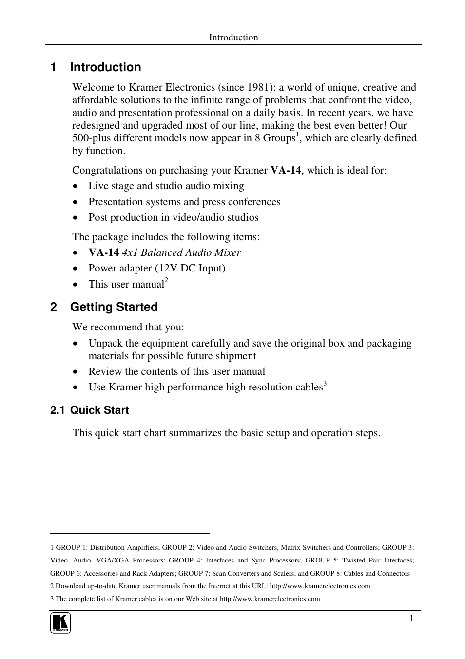 1 introduction, 2 getting started | Kramer Electronics VA-14 User Manual | Page 3 / 12