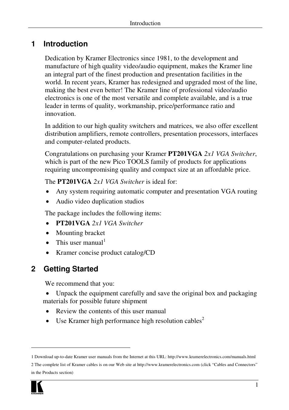 1 introduction, 2 getting started | Kramer Electronics 2x1 VGA Switcher PT201VGA User Manual | Page 3 / 8