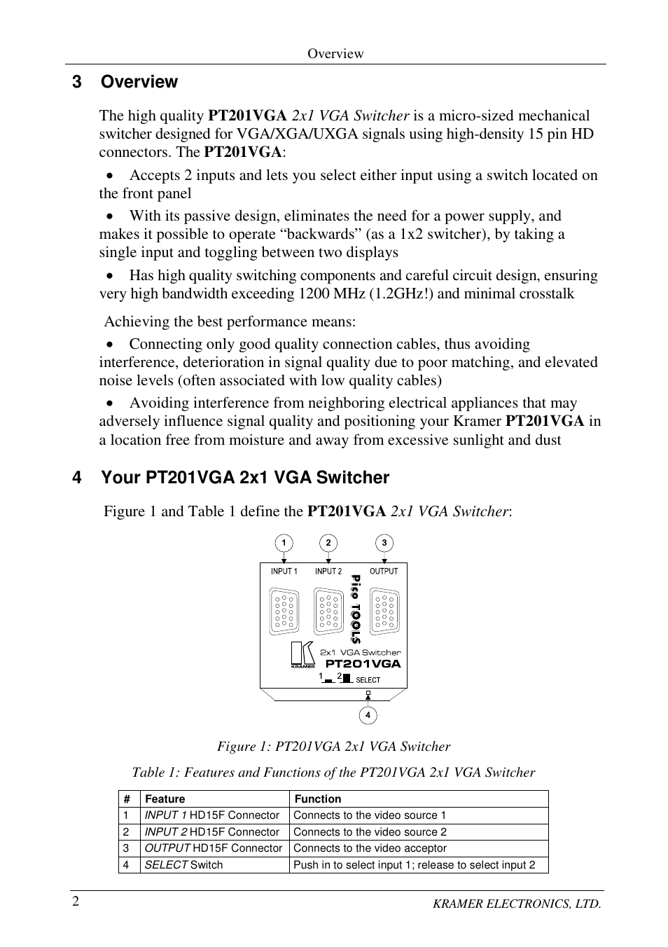 3 overview | Kramer Electronics 2x1 VGA Switcher PT201VGA User Manual | Page 4 / 8