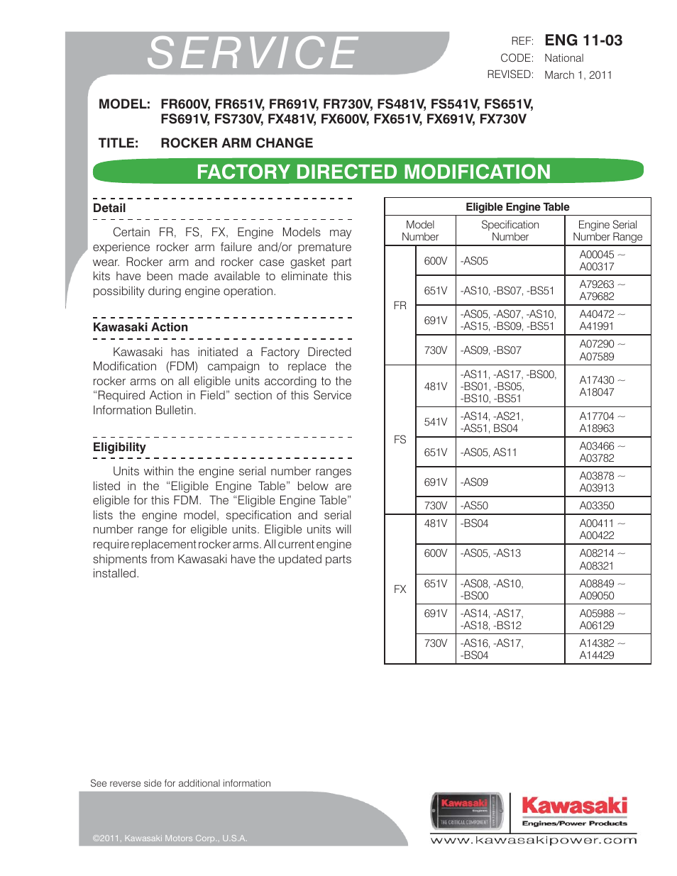 Kawasaki FS541V User Manual | 3 pages