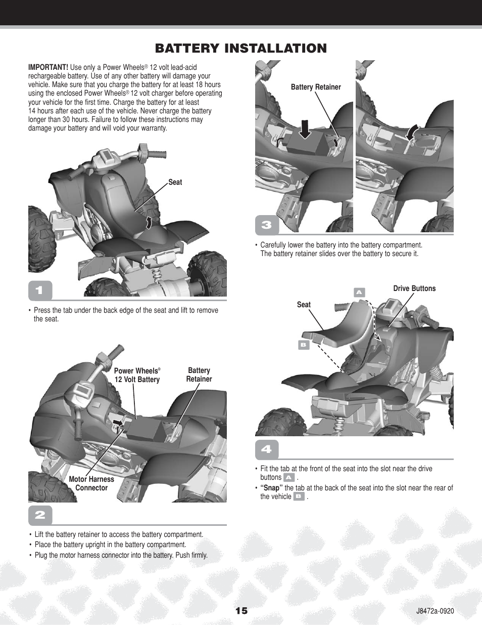 Battery installation | Kawasaki NINJA K0450 User Manual | Page 15 / 24