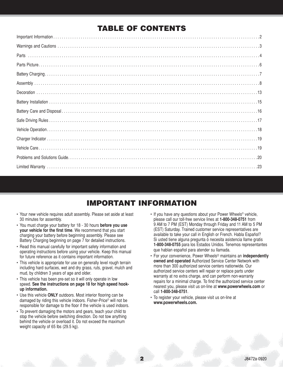 Important information table of contents | Kawasaki NINJA K0450 User Manual | Page 2 / 24