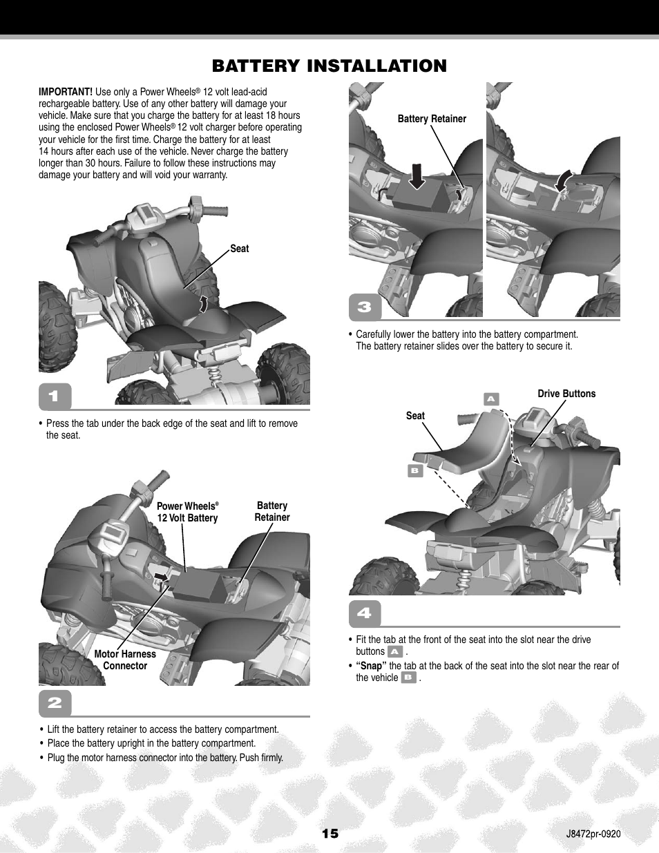 Battery installation | Kawasaki KFX NINJA K0450 User Manual | Page 15 / 24