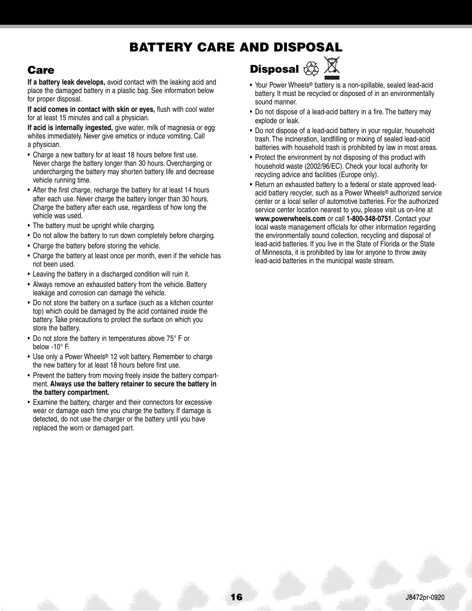 Battery care and disposal, Care, Disposal | Kawasaki KFX NINJA K0450 User Manual | Page 16 / 24