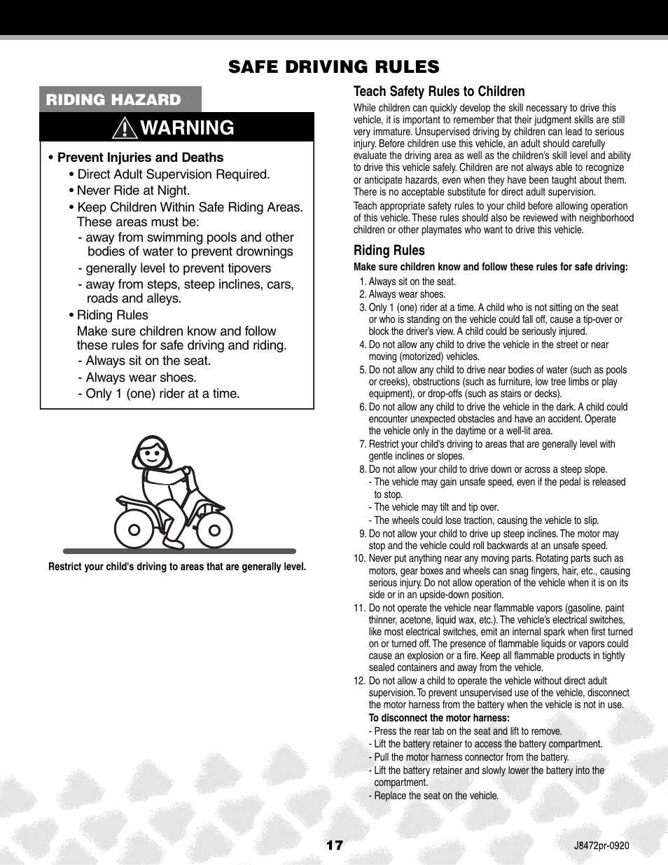 Warning, Safe driving rules, Riding hazard | Kawasaki KFX NINJA K0450 User Manual | Page 17 / 24
