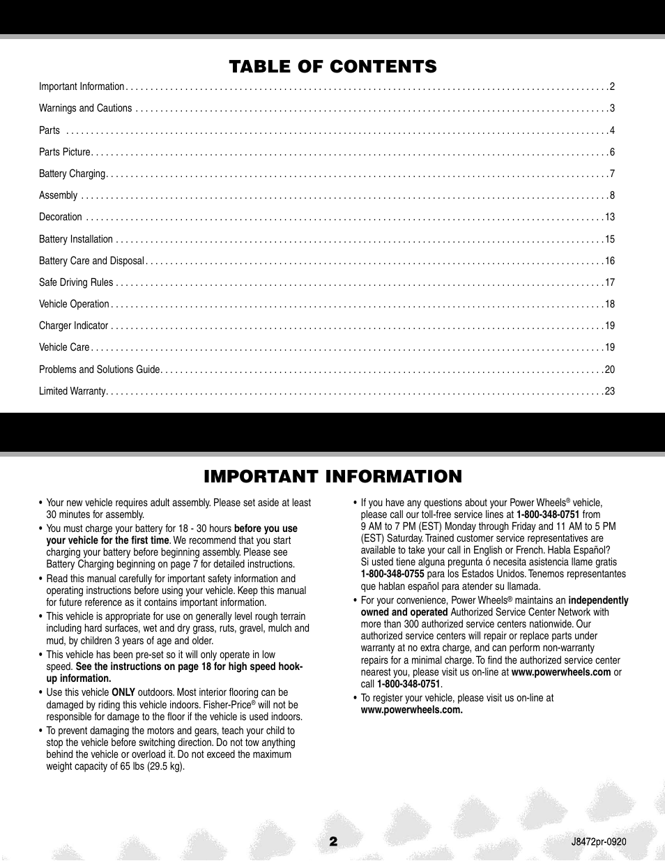 Important information table of contents | Kawasaki KFX NINJA K0450 User Manual | Page 2 / 24
