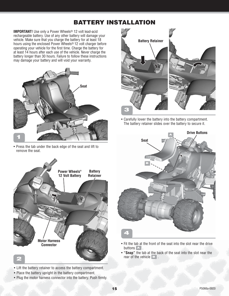 Battery installation | Kawasaki POWER WHEELS P5066 User Manual | Page 15 / 24