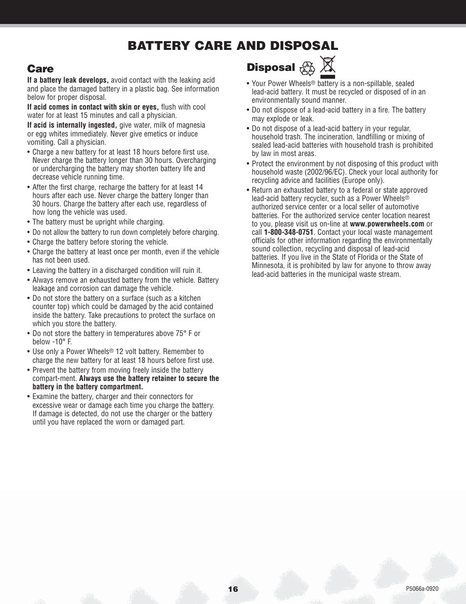 Battery care and disposal, Care, Disposal | Kawasaki POWER WHEELS P5066 User Manual | Page 16 / 24