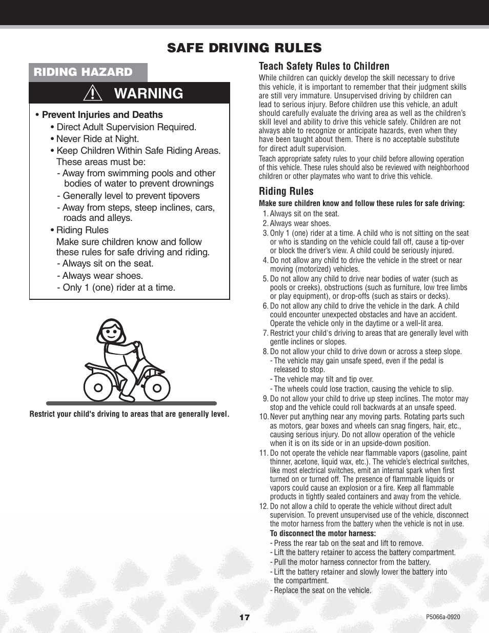 Warning, Safe driving rules, Riding hazard | Kawasaki POWER WHEELS P5066 User Manual | Page 17 / 24