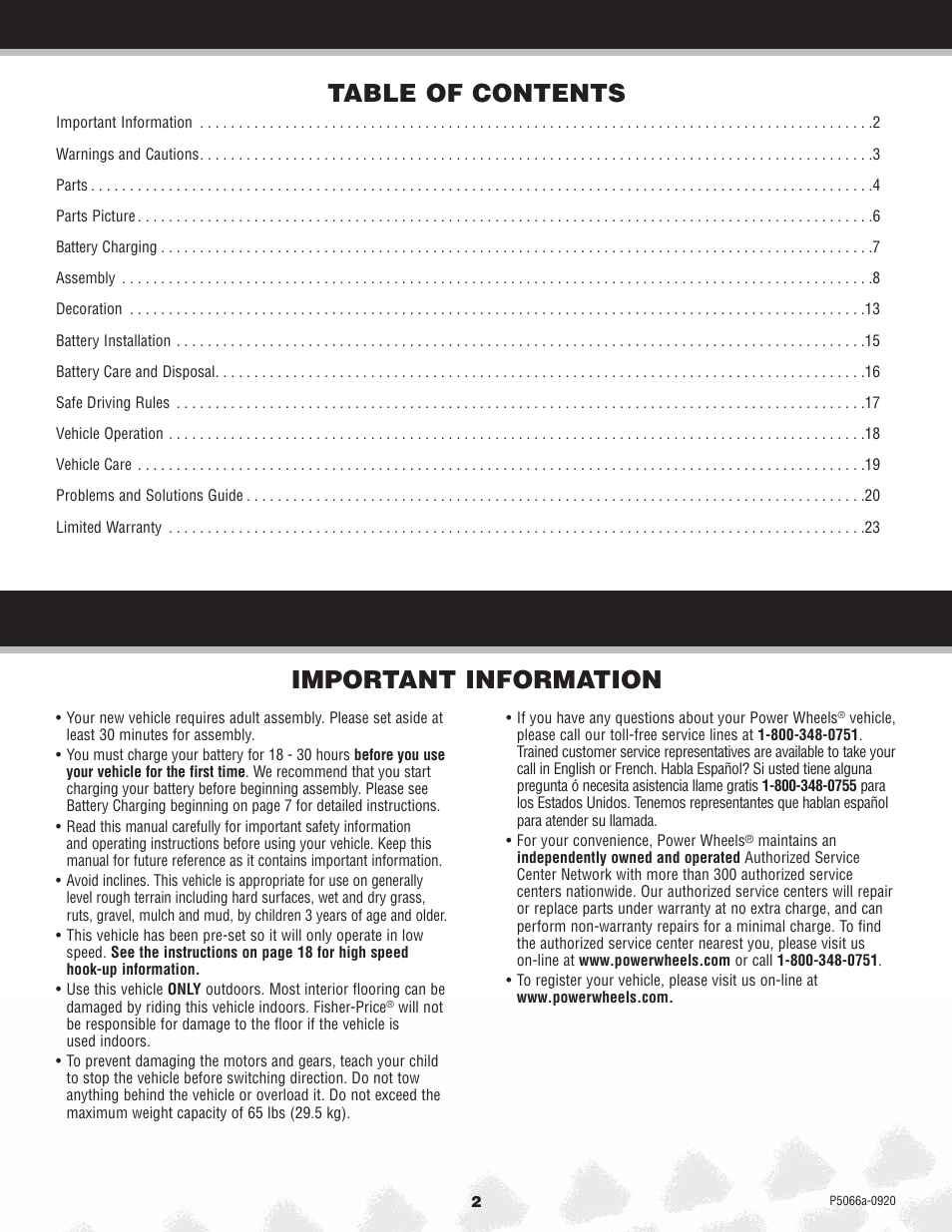 Important information table of contents | Kawasaki POWER WHEELS P5066 User Manual | Page 2 / 24