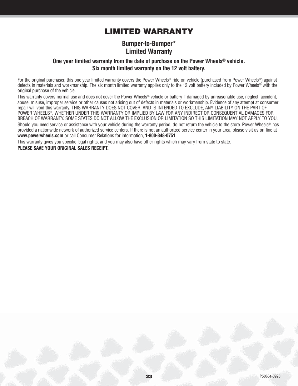 Limited warranty, Bumper-to-bumper* limited warranty | Kawasaki POWER WHEELS P5066 User Manual | Page 23 / 24