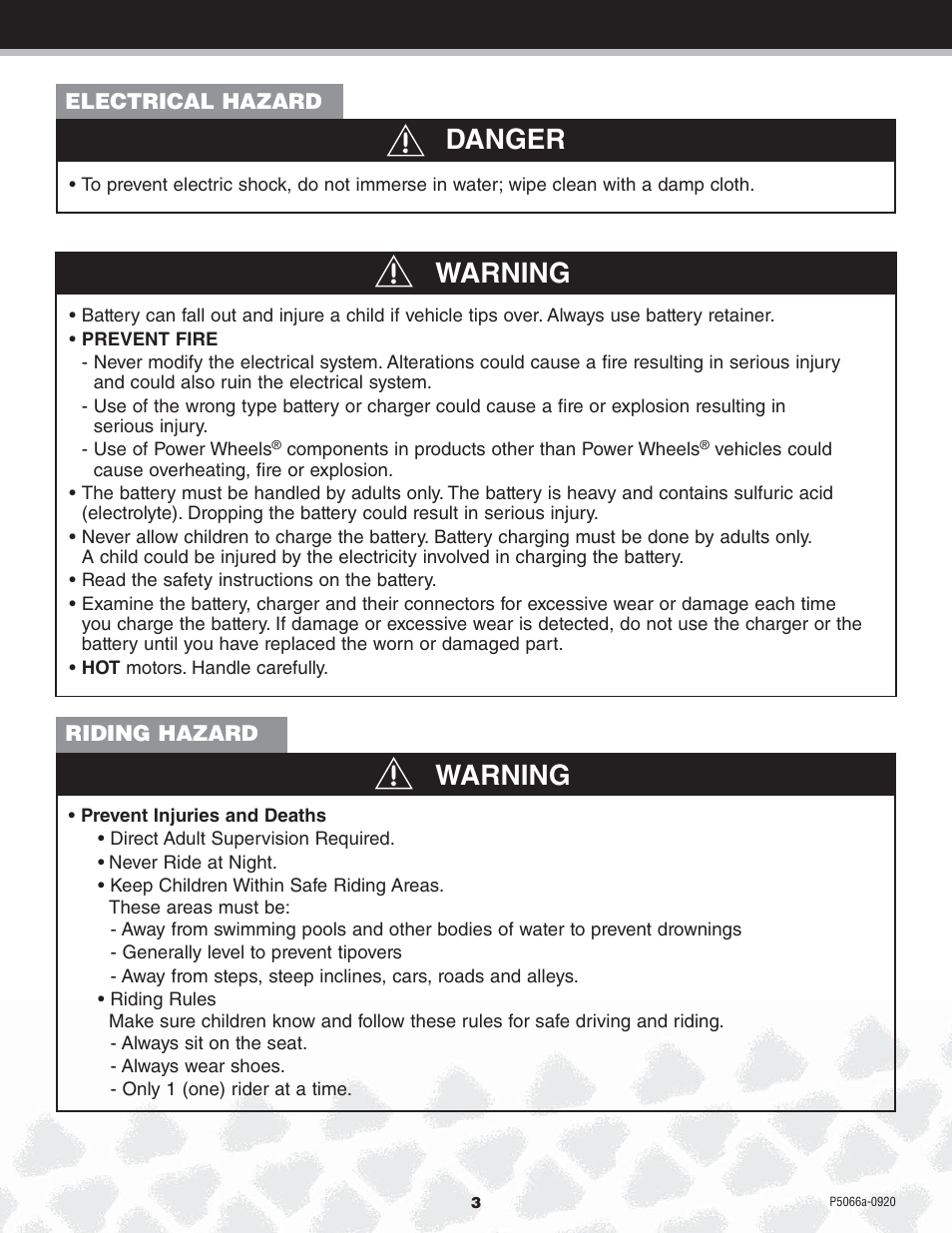 Warning, Danger | Kawasaki POWER WHEELS P5066 User Manual | Page 3 / 24