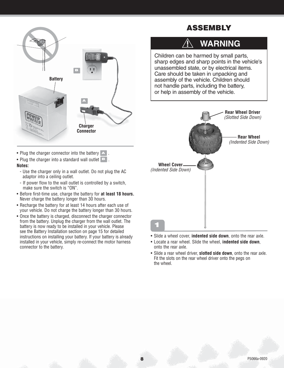 Warning, Assembly | Kawasaki POWER WHEELS P5066 User Manual | Page 8 / 24