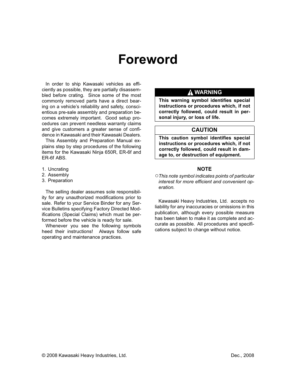 Foreword | Kawasaki NINJA 650R User Manual | Page 2 / 32