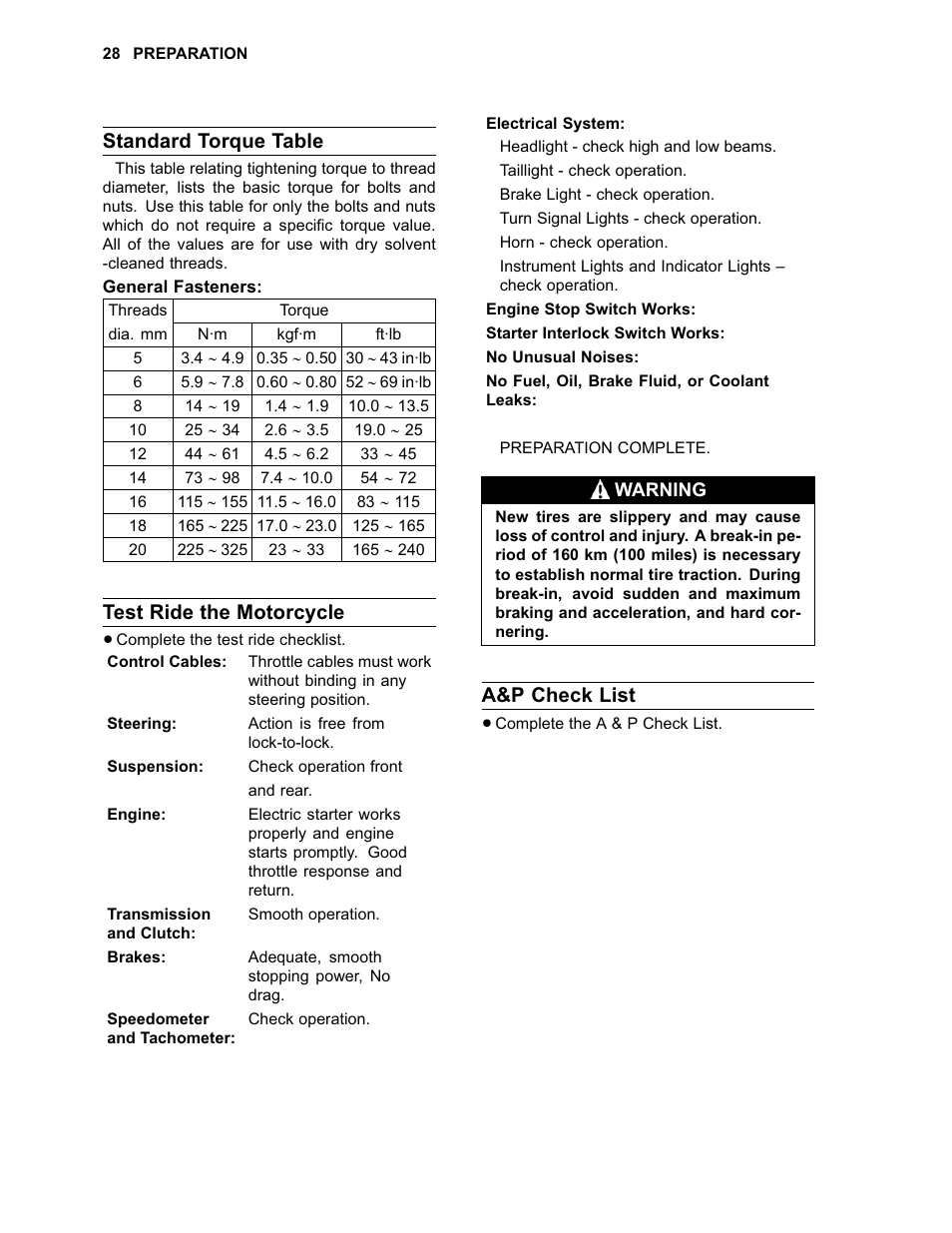 Standard torque table, Test ride the motorcycle, A&p check list | Kawasaki NINJA 650R User Manual | Page 30 / 32
