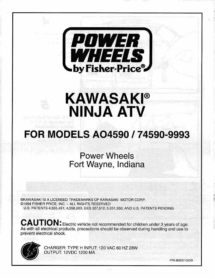 Wheets, Kawasaki® ninja atv, By fisher^price | Power wheels fort wayne, indiana, Caution | Kawasaki NINJA AO4590 User Manual | Page 20 / 20