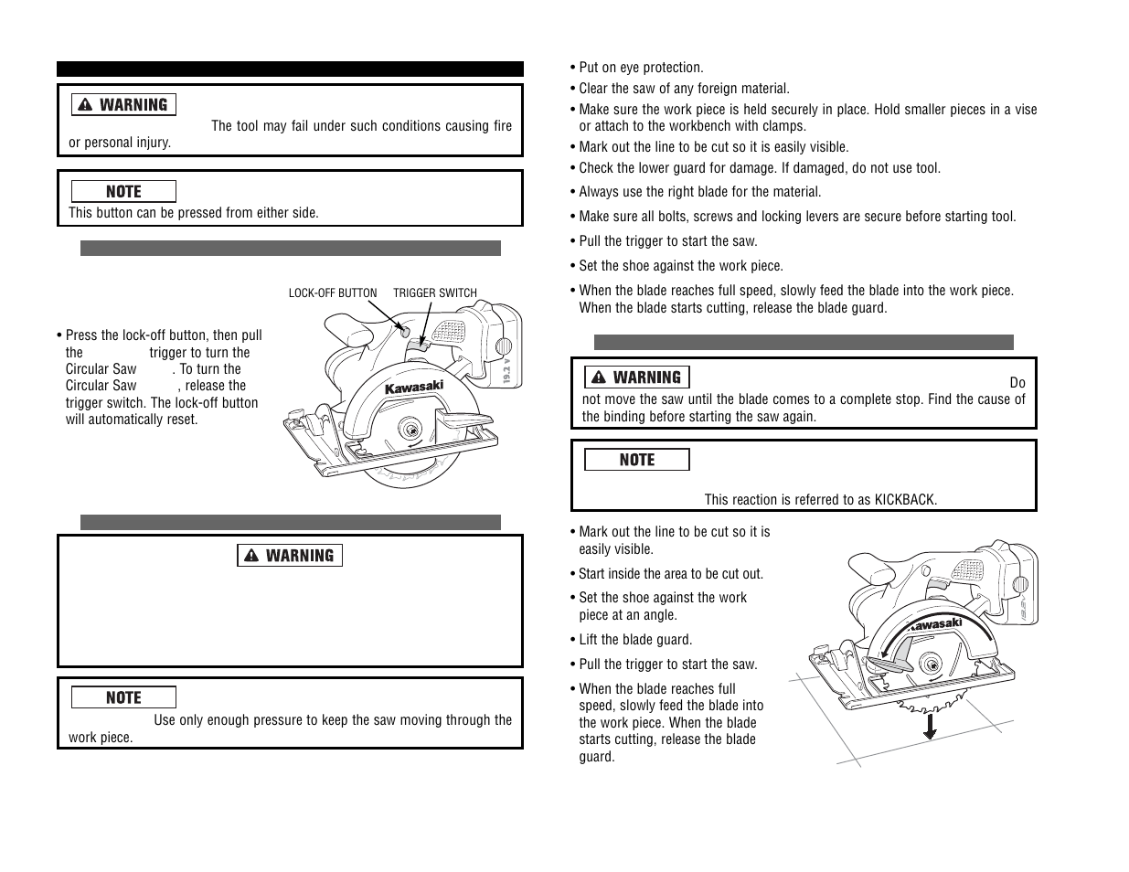 Kawasaki 19.2V BATTERY-OPERATED CIRCULAR SAW User Manual | Page 10 / 52