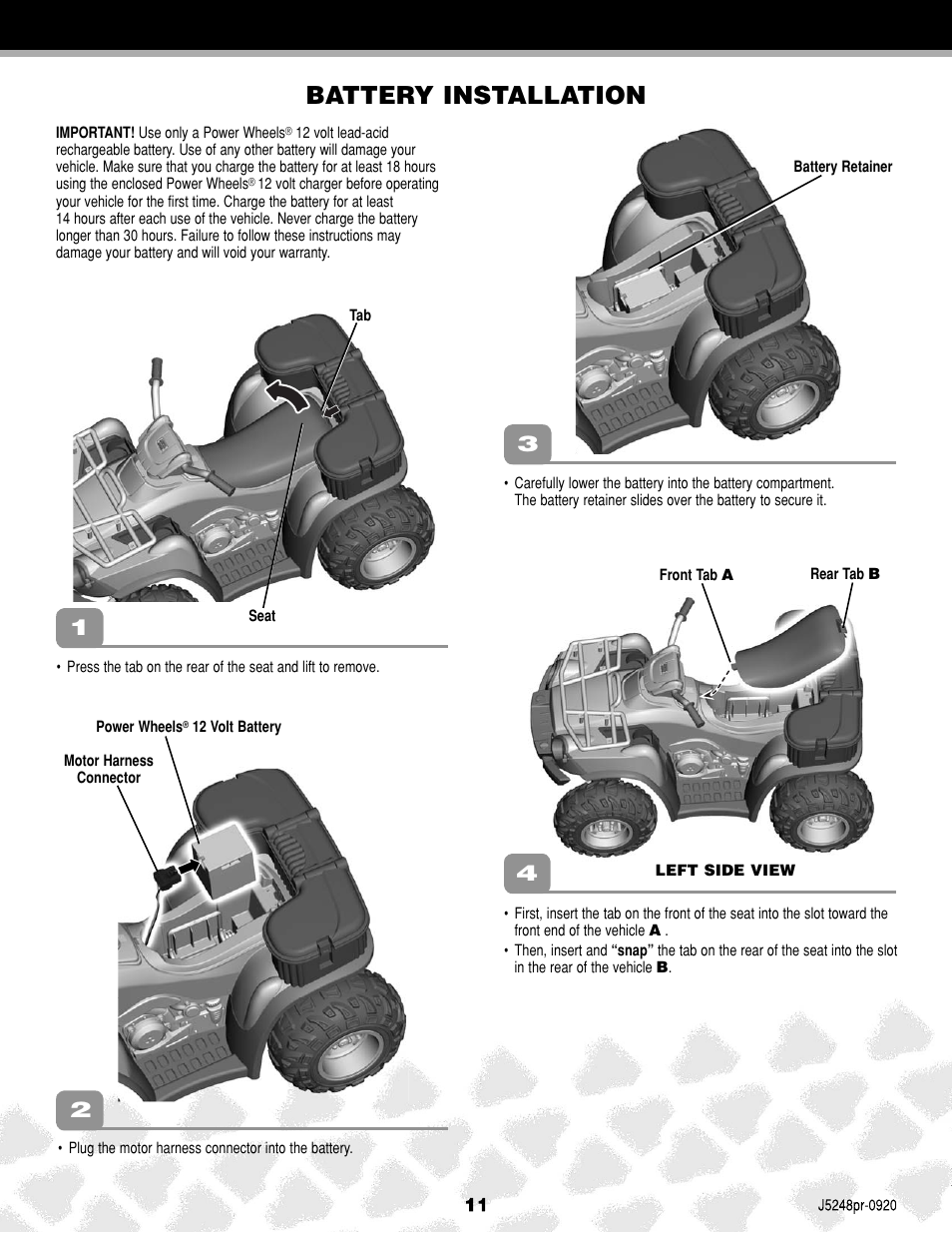 Battery installation | Kawasaki J5248 User Manual | Page 11 / 20