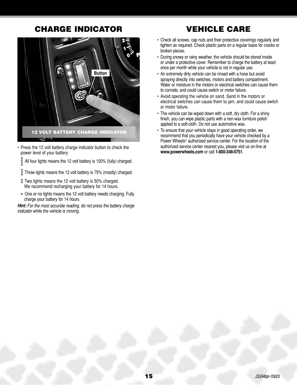 Vehicle care, Charge indicator | Kawasaki J5248 User Manual | Page 15 / 20