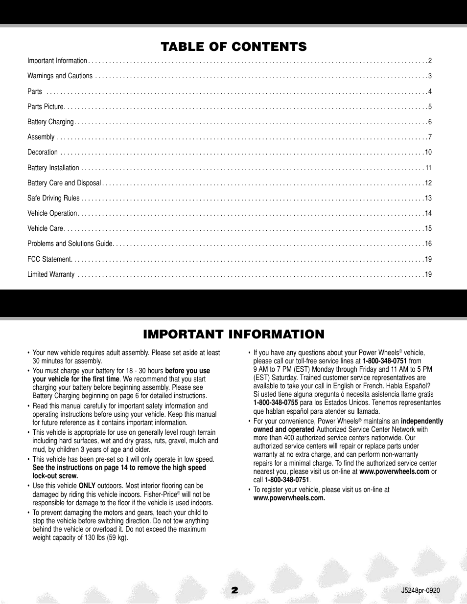 Important information table of contents | Kawasaki J5248 User Manual | Page 2 / 20