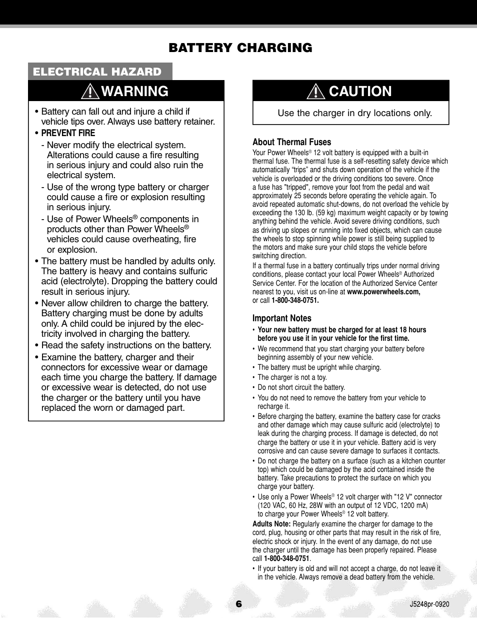 Warning, Caution, Battery charging | Electrical hazard | Kawasaki J5248 User Manual | Page 6 / 20