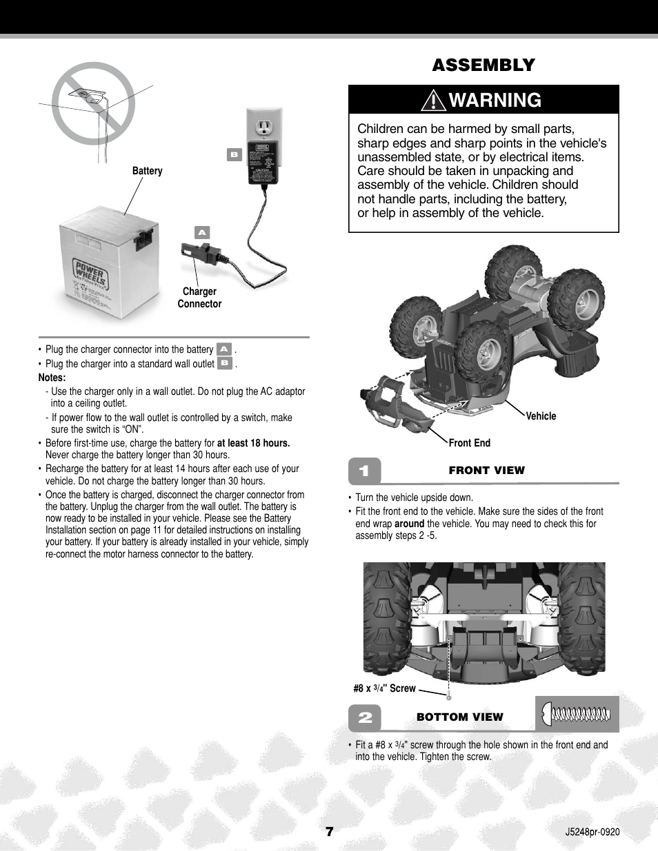 Warning, Assembly | Kawasaki J5248 User Manual | Page 7 / 20