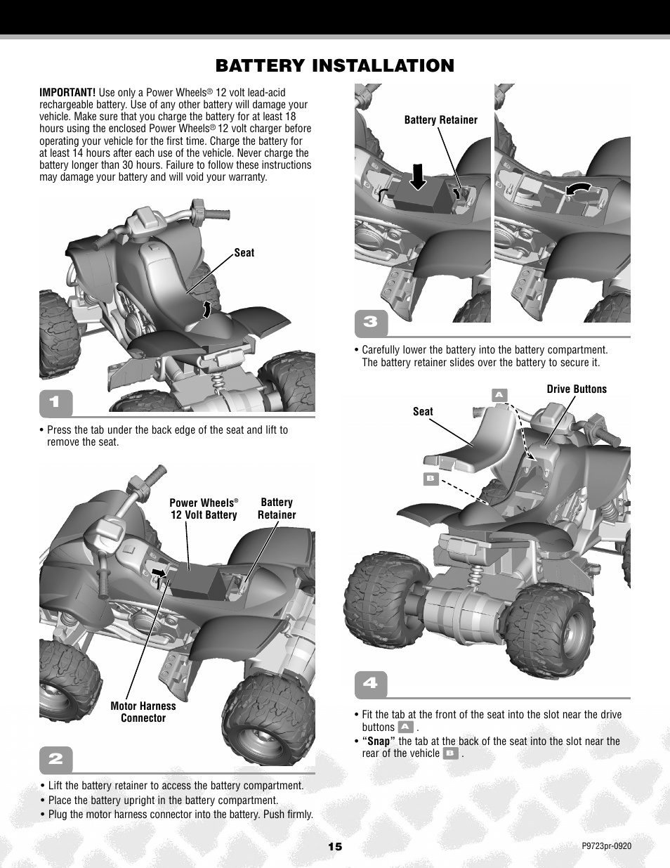 Battery installation | Kawasaki P9723 User Manual | Page 15 / 25