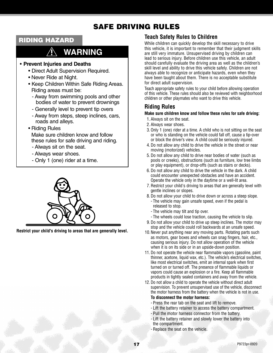 Warning, Safe driving rules, Riding hazard | Kawasaki P9723 User Manual | Page 17 / 25