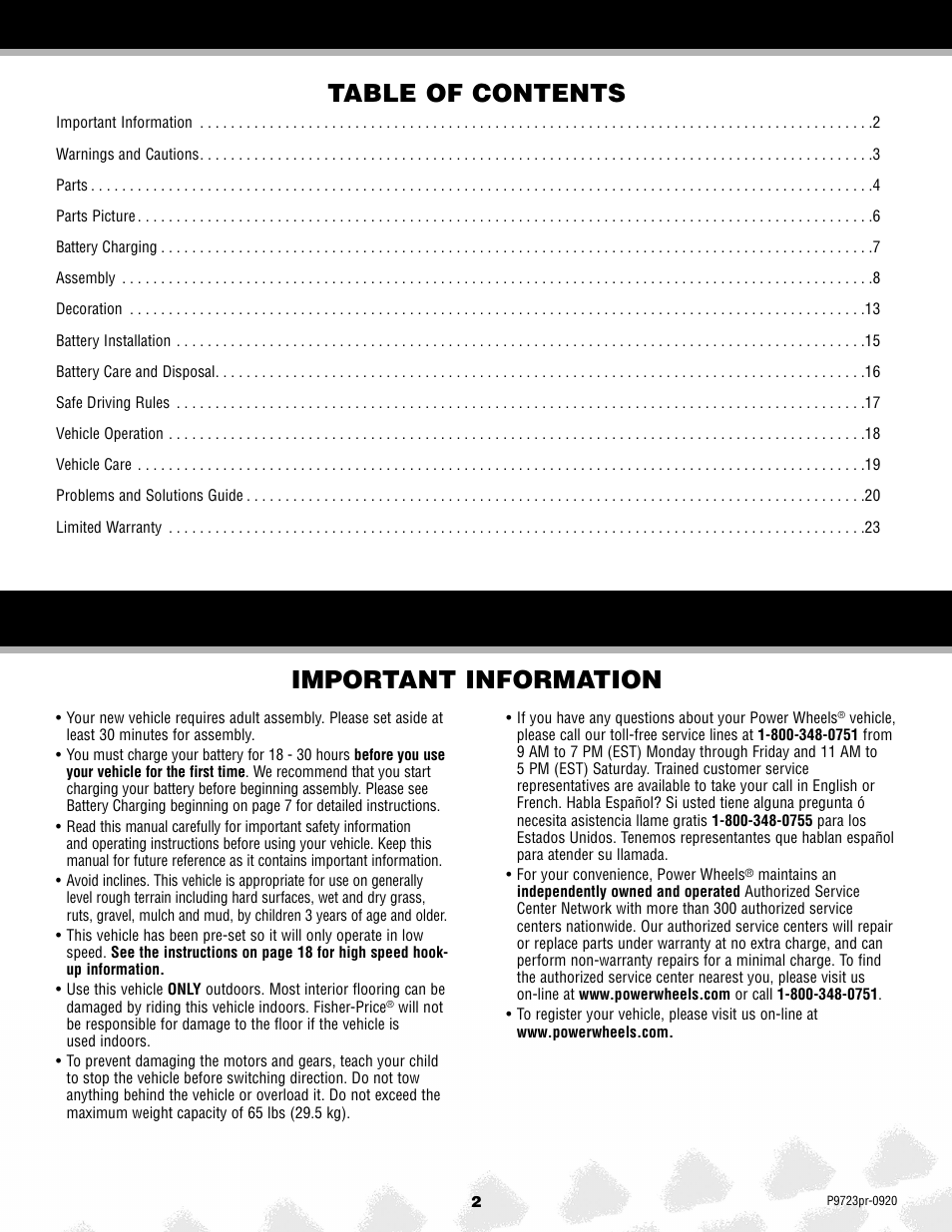 Important information table of contents | Kawasaki P9723 User Manual | Page 2 / 25