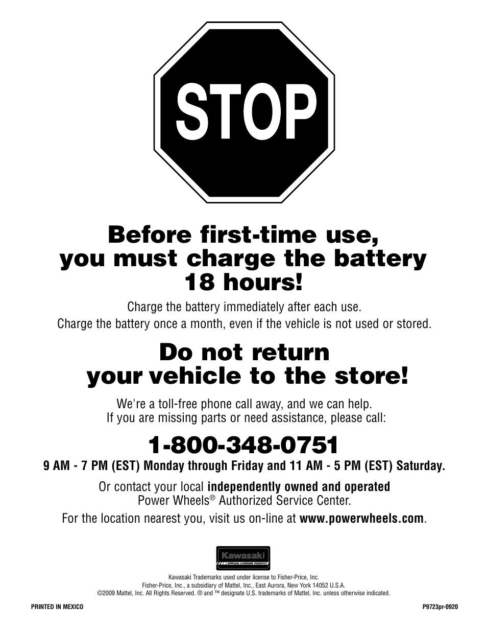 Do not return your vehicle to the store | Kawasaki P9723 User Manual | Page 24 / 25