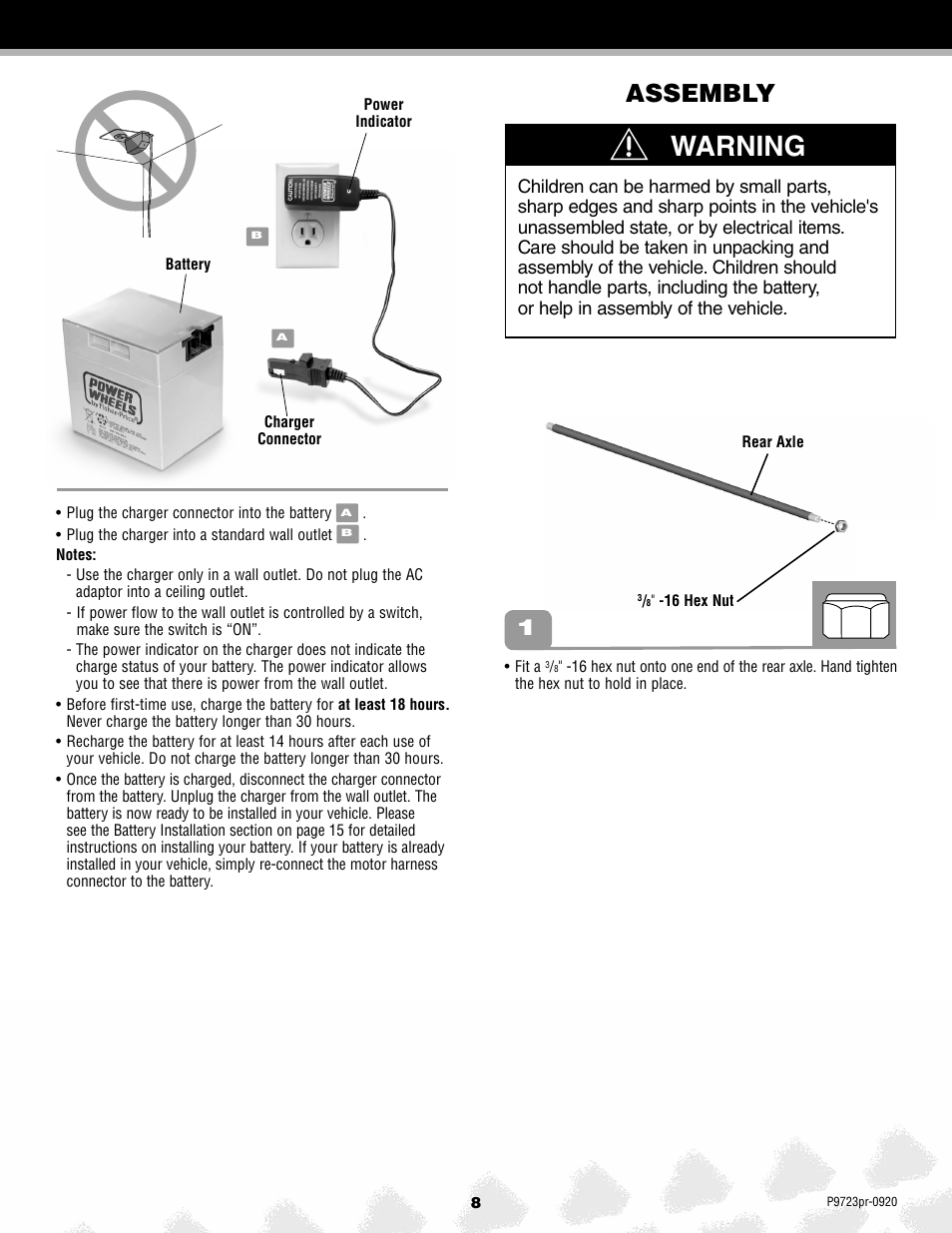 Warning, Assembly | Kawasaki P9723 User Manual | Page 8 / 25
