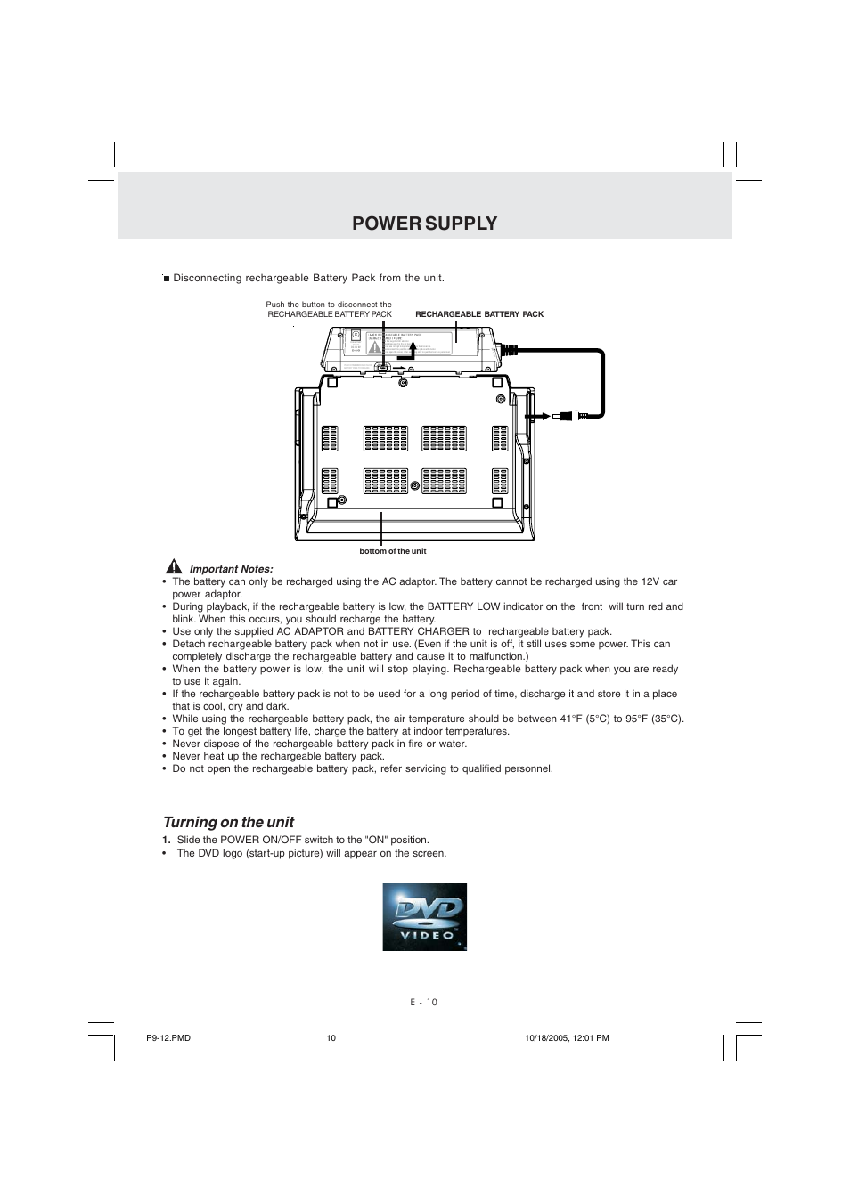 Power supply, Turning on the unit | Kawasaki PVS10921 User Manual | Page 11 / 25