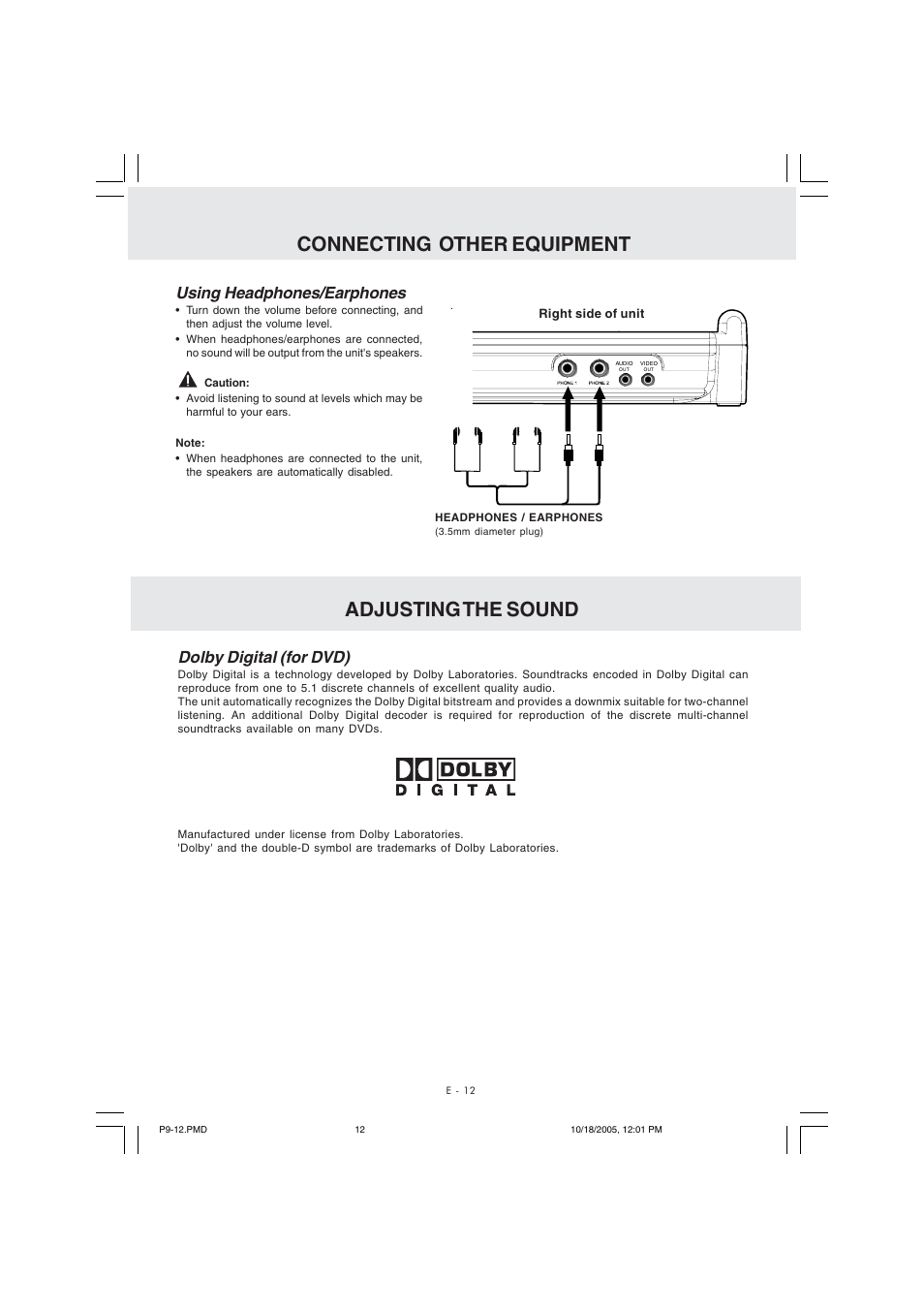 Connecting other equipment adjusting the sound, Using headphones/earphones, Dolby digital (for dvd) | Kawasaki PVS10921 User Manual | Page 13 / 25