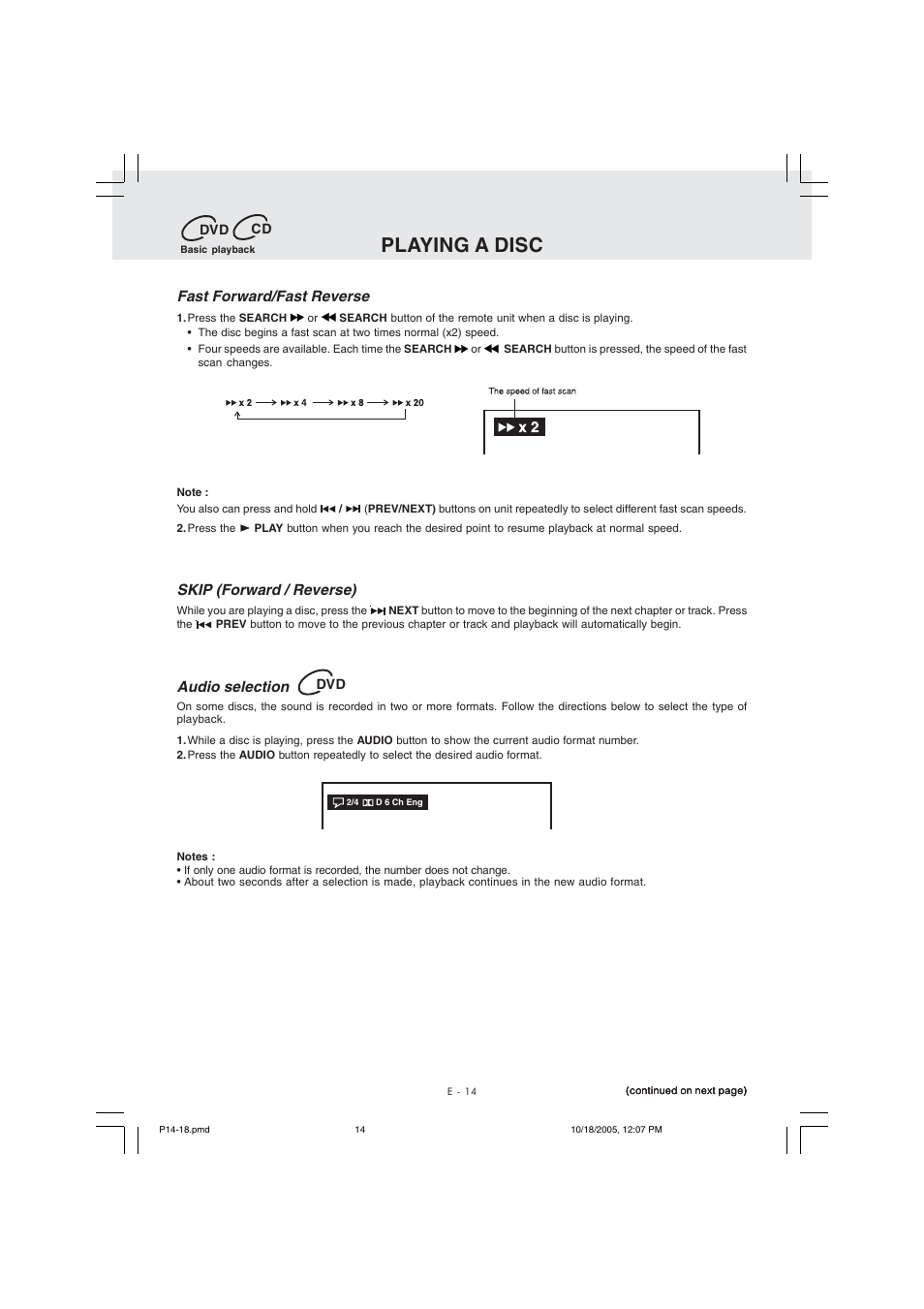 Playing a disc, Fast forward/fast reverse, Skip (forward / reverse) | Audio selection | Kawasaki PVS10921 User Manual | Page 15 / 25