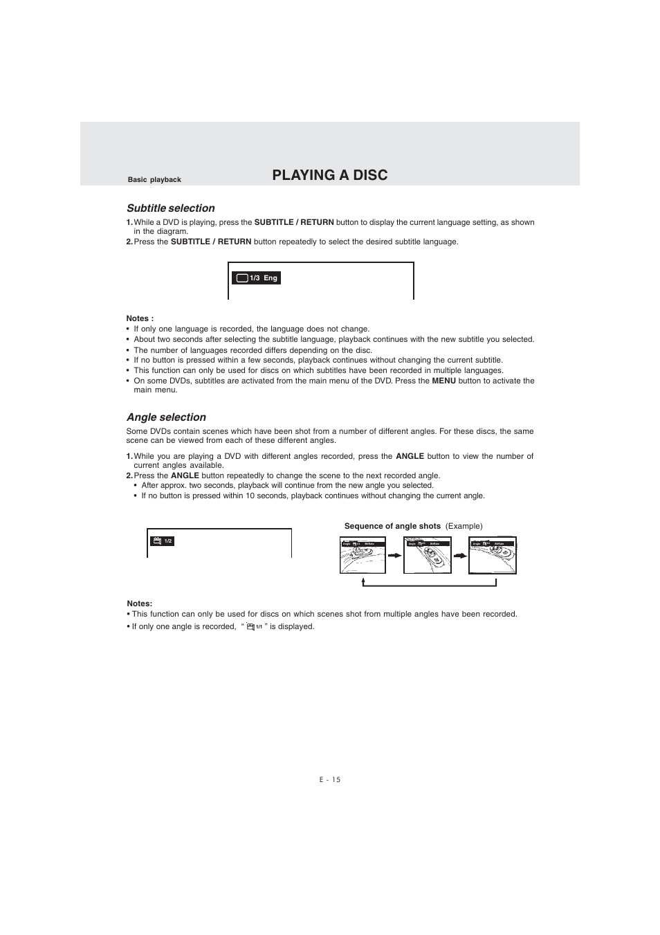 Playing a disc, Subtitle selection, Angle selection | Kawasaki PVS10921 User Manual | Page 16 / 25