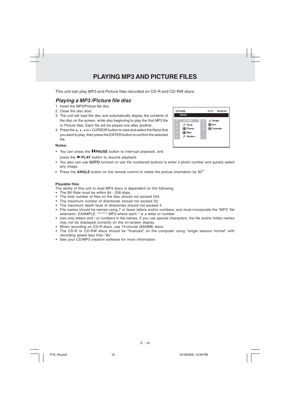 Playing mp3 and picture files, Playing a mp3 /picture file disc | Kawasaki PVS10921 User Manual | Page 20 / 25