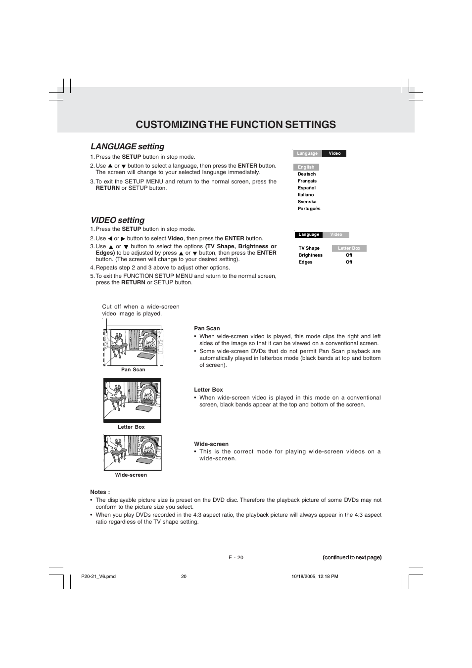 Customizing the function settings, Language setting, Video setting | Kawasaki PVS10921 User Manual | Page 21 / 25