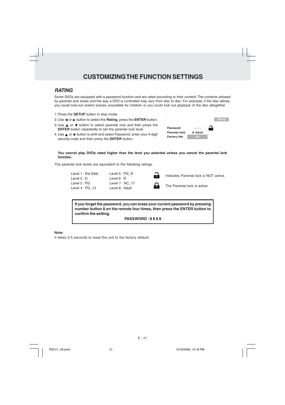 Customizing the function settings, Rating | Kawasaki PVS10921 User Manual | Page 22 / 25