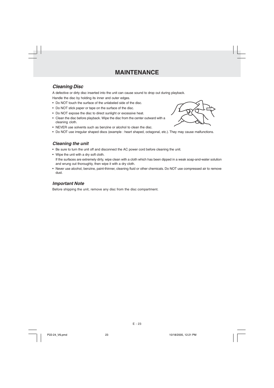 Maintenance, Cleaning disc | Kawasaki PVS10921 User Manual | Page 24 / 25