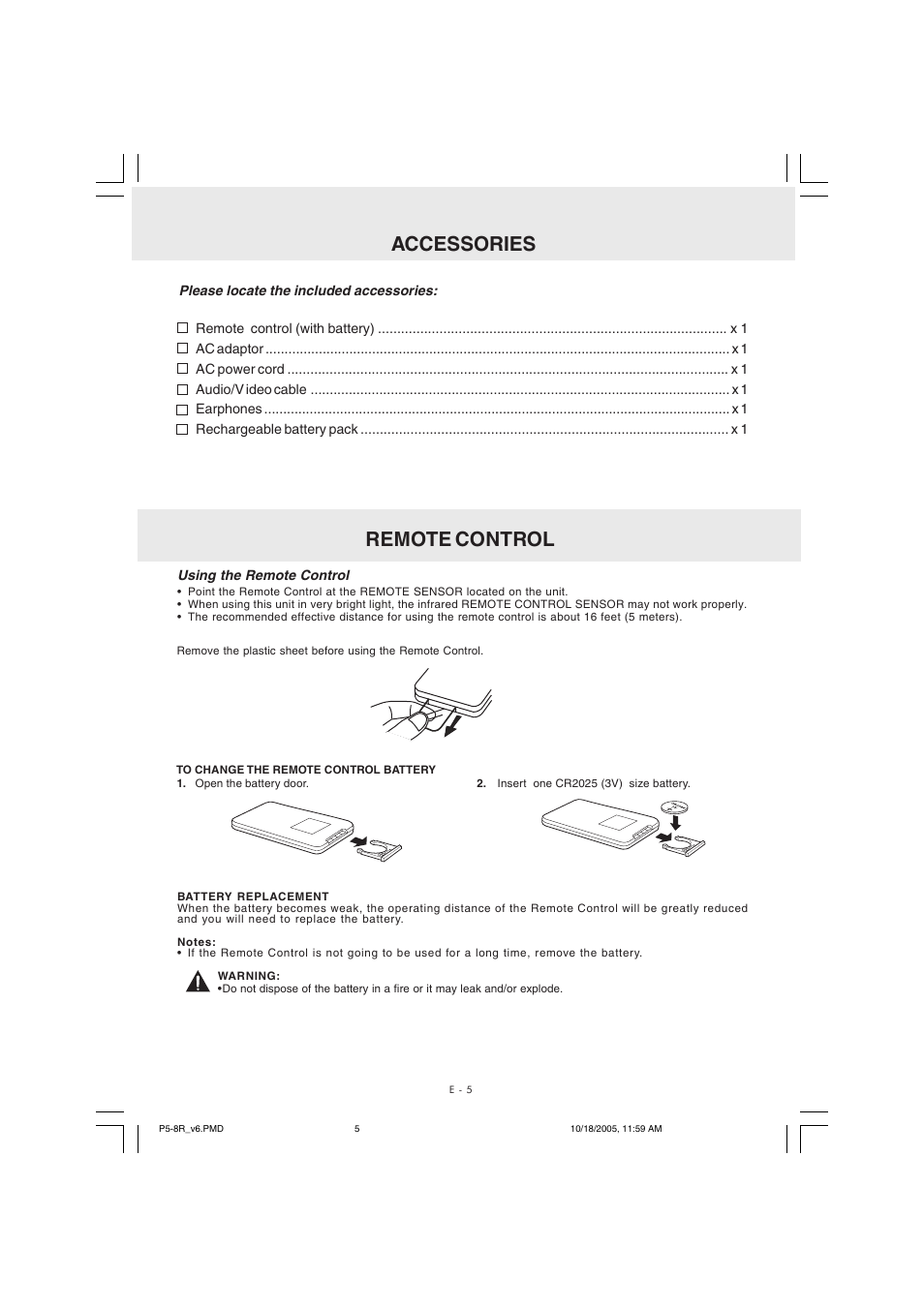 Accessories, Remote control | Kawasaki PVS10921 User Manual | Page 6 / 25