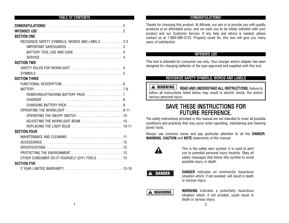 Kawasaki 19.2V BATTERY-OPERATED WORKLIGHT 840646 User Manual | Page 2 / 34