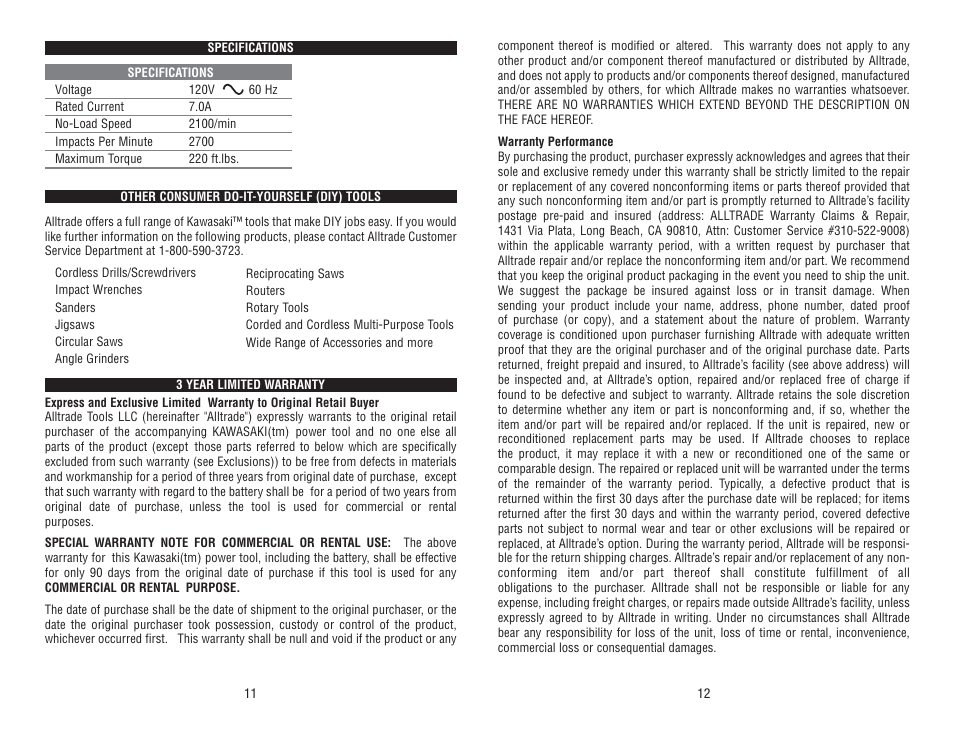 Kawasaki 1/2" IMPACT WRENCH KIT 690163 User Manual | Page 7 / 8