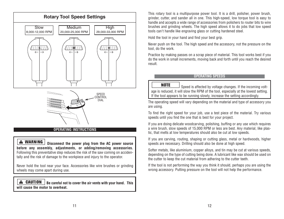 Rotary tool speed settings | Kawasaki 840168 User Manual | Page 7 / 15