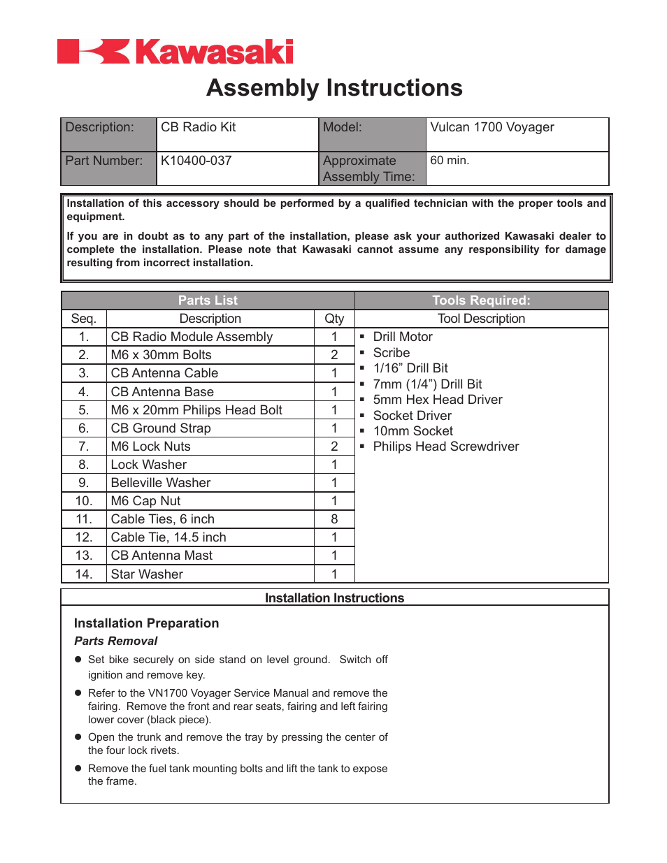 Kawasaki VULCAN 1700 VOYAGER User Manual | 6 pages