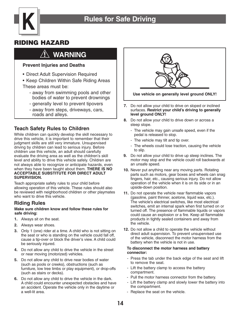 Warning, Rules for safe driving, Riding hazard | Kawasaki NINJA B9272 User Manual | Page 14 / 20