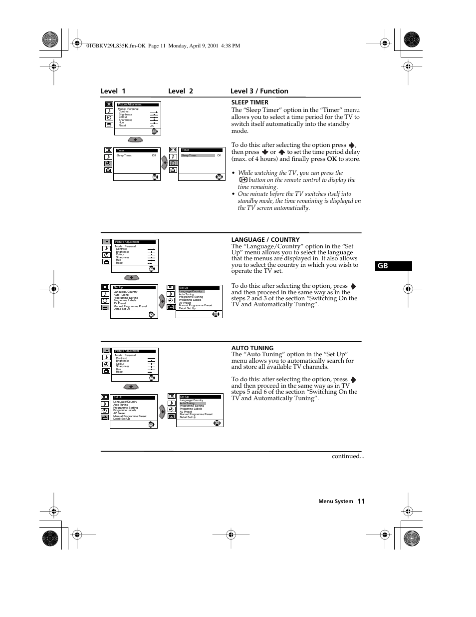 Level 1 level 2 level 3 / function, Continued | Sony KV-29LS35K User Manual | Page 10 / 122
