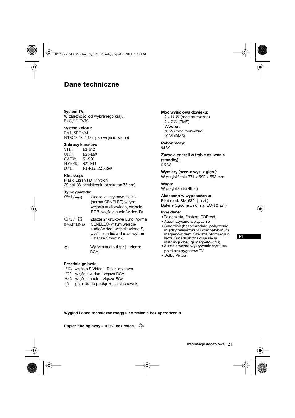 Dane techniczne | Sony KV-29LS35K User Manual | Page 100 / 122