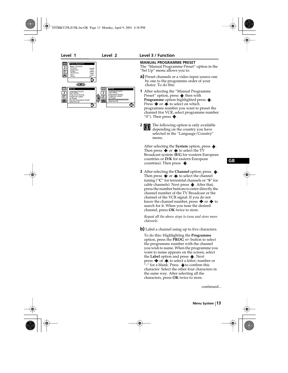 Level 1 level 2 level 3 / function | Sony KV-29LS35K User Manual | Page 12 / 122