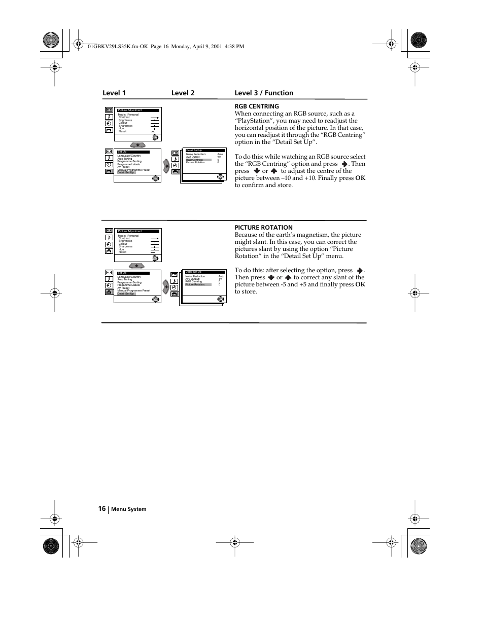 Level 1 level 2 level 3 / function, Menu system | Sony KV-29LS35K User Manual | Page 15 / 122