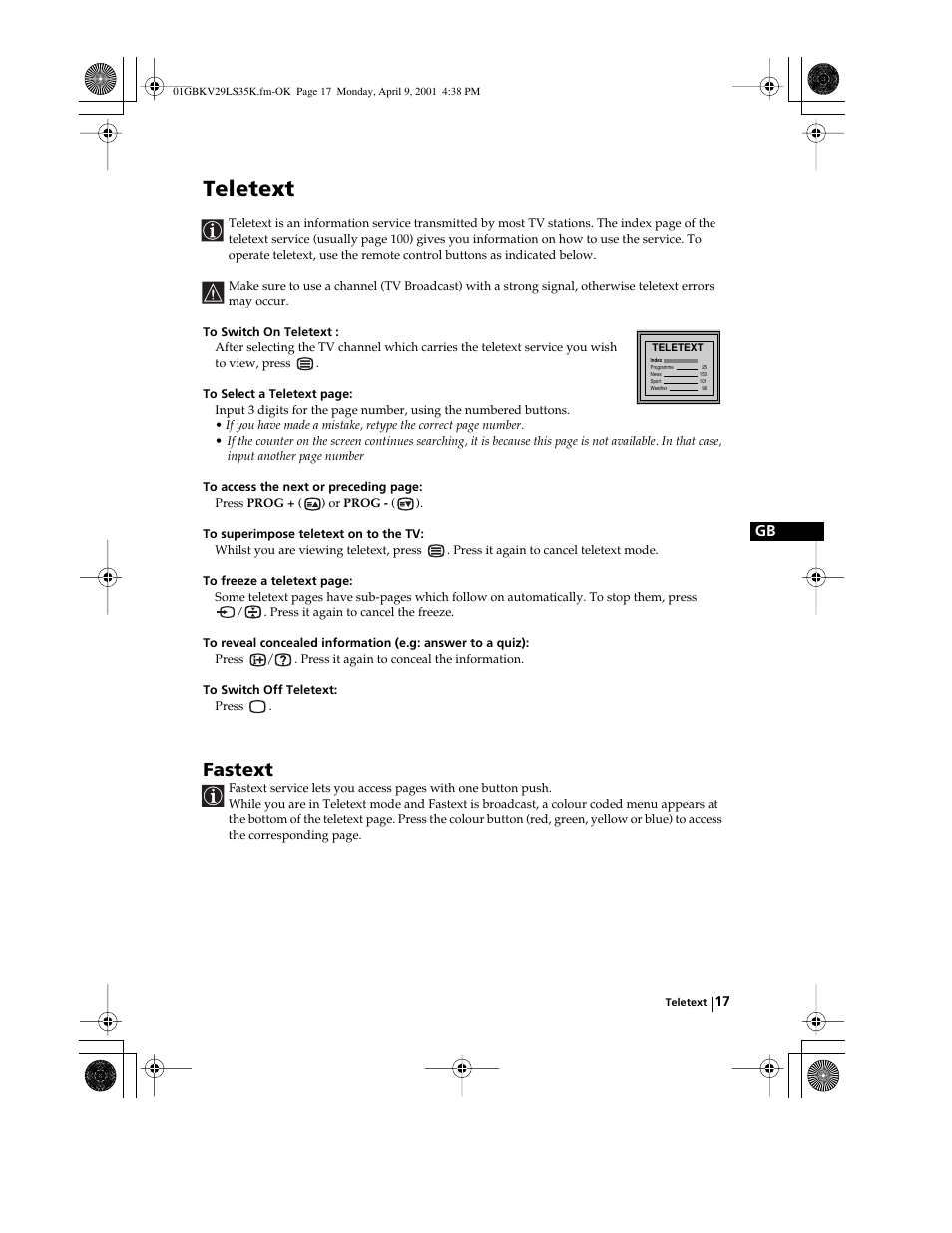 Teletext, Fastext | Sony KV-29LS35K User Manual | Page 16 / 122